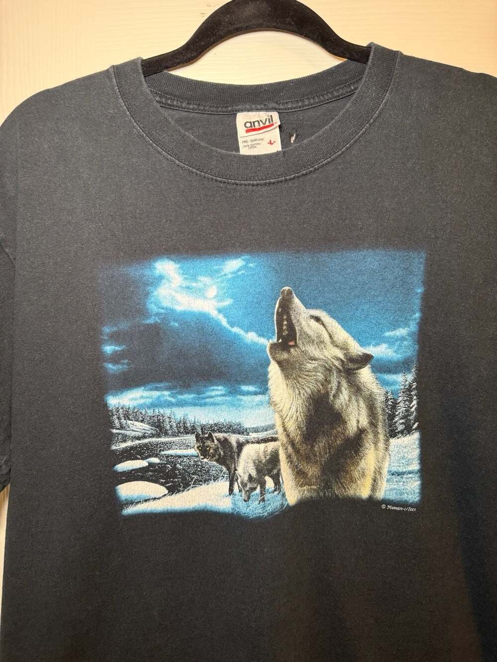 Anvil Wolf Howling Nature Graphic T Shirt Size L Black